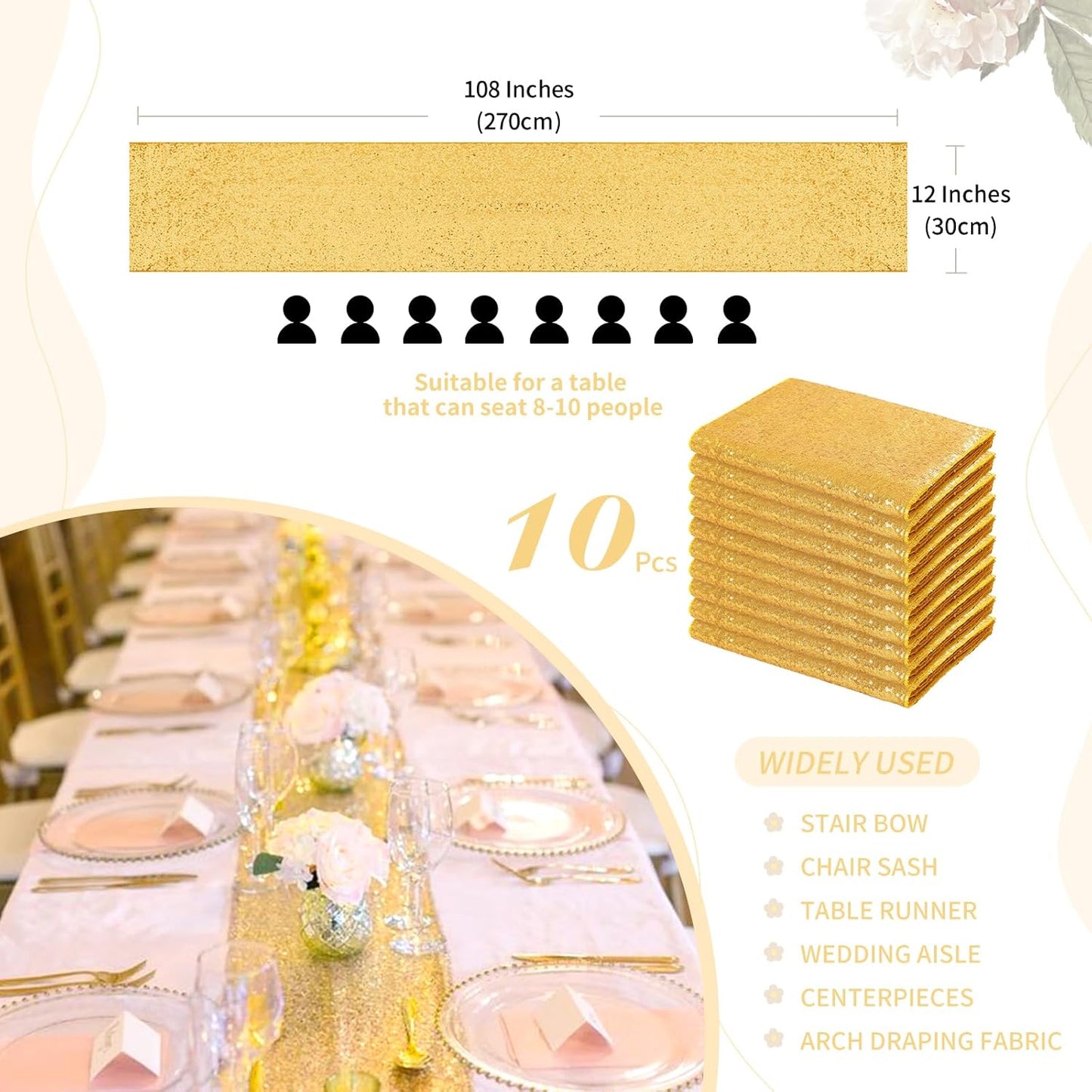 Gold Table Runners 10 Packs 12x108 Inches Sequin Dining Glitter Table Runner for Wedding Baby Shower Party Birthday Supplies Decorations