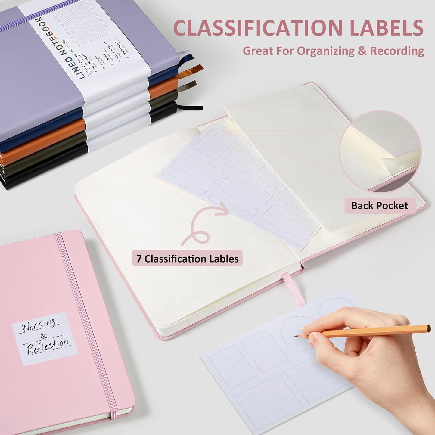 Lined Journal Notebook for Women Men, 200 Pages A5 Hardcover Leather Journals 5.7” x 8.3”, A5 College Ruled Notebooks with 100 GSM Thick Paper for Writing,Travel,School,Office,Work,Business（Pink）