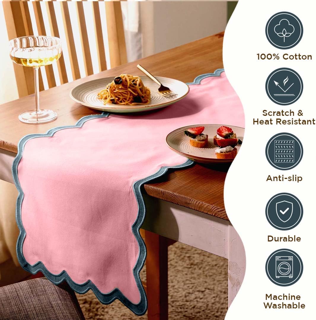 Folkulture Table Runner | Table Runners 72 inches Long | Scallop Table Runner for Farmhouse Decor or Boho Decor | Boho Pink Table Runners for Dining Room Table Decor | Pastel Party Decorations