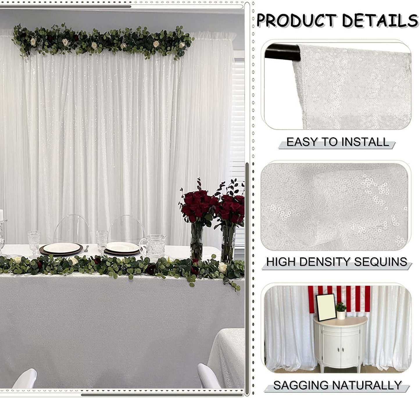 White Sequin Curtains 8FTx8FT - 1 Panel Party Backdrop Glitter for Birthday Wedding