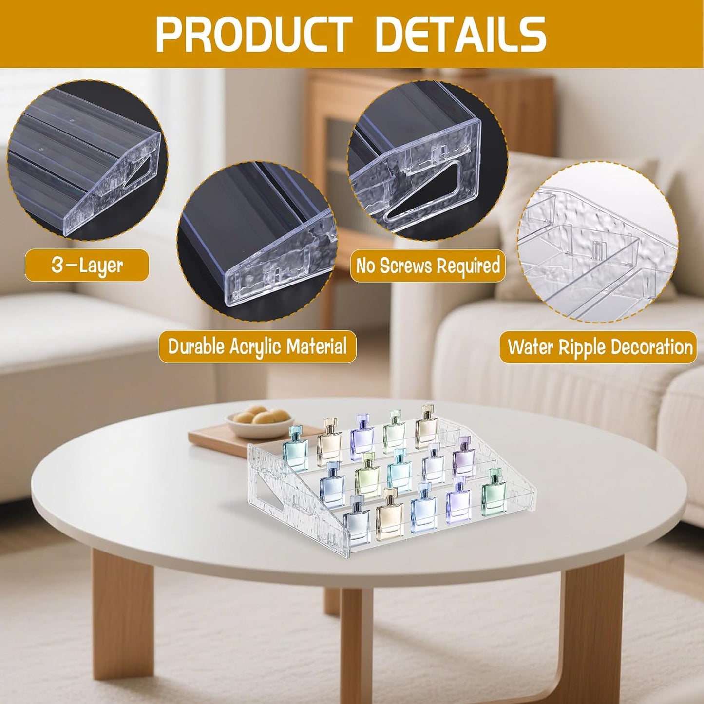 2 Pcs Perfume Organizer Stand, 3 Tier Acrylic Display Risers with Decorative Secure Fences, Tool-free Assembly, Clear Acrylic Shelf Risers for Cologne Cosmetic Dessert Cupcake for Countertop