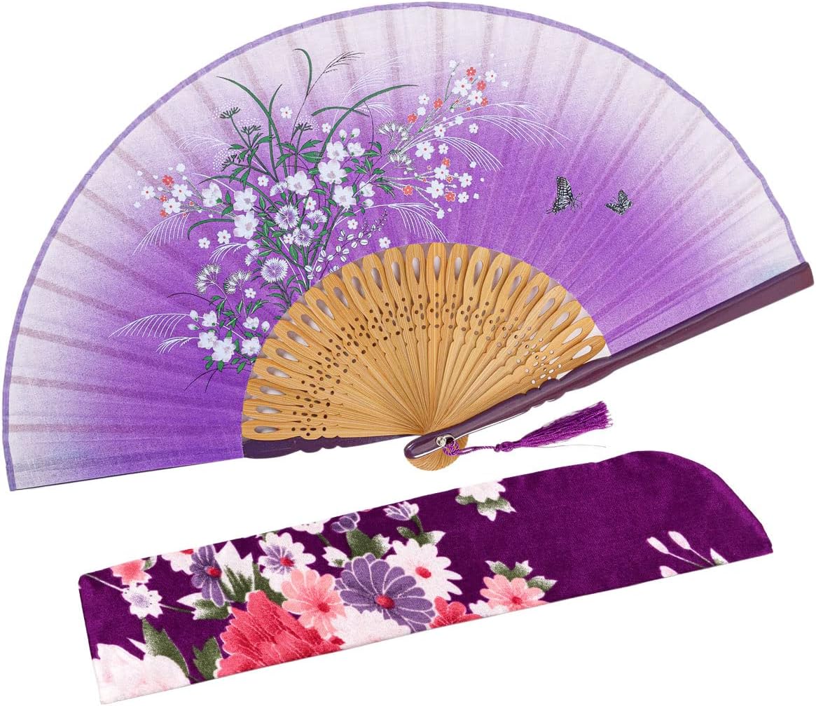 Amajiji 8.27"(21cm) Hand Held Bamboo Silk Folding Fan Hand Fan,Chinese/Japanese Charming Elegant Vintage Retro Style,Women Ladys Girls Best Gifts (Purple Grassflower)