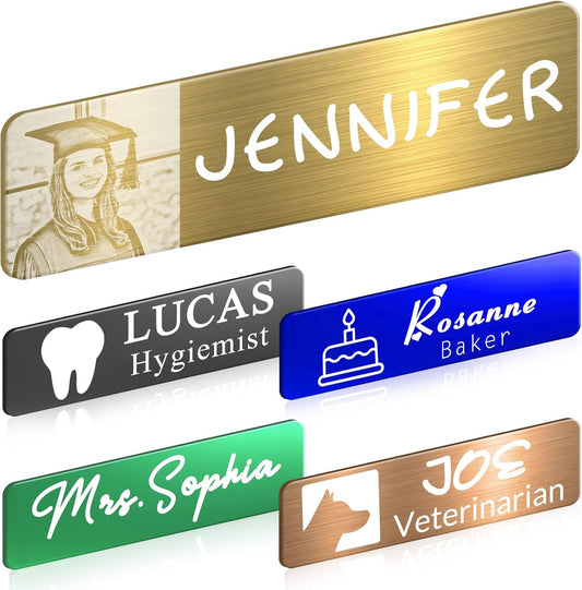 Custom Engrave Name Tag Badges Personalized Magnetic Name Badges with Logo Customize Metal ID Work Tags with Pin Backing Name Tag for Nurses Uniforms Employees Staff