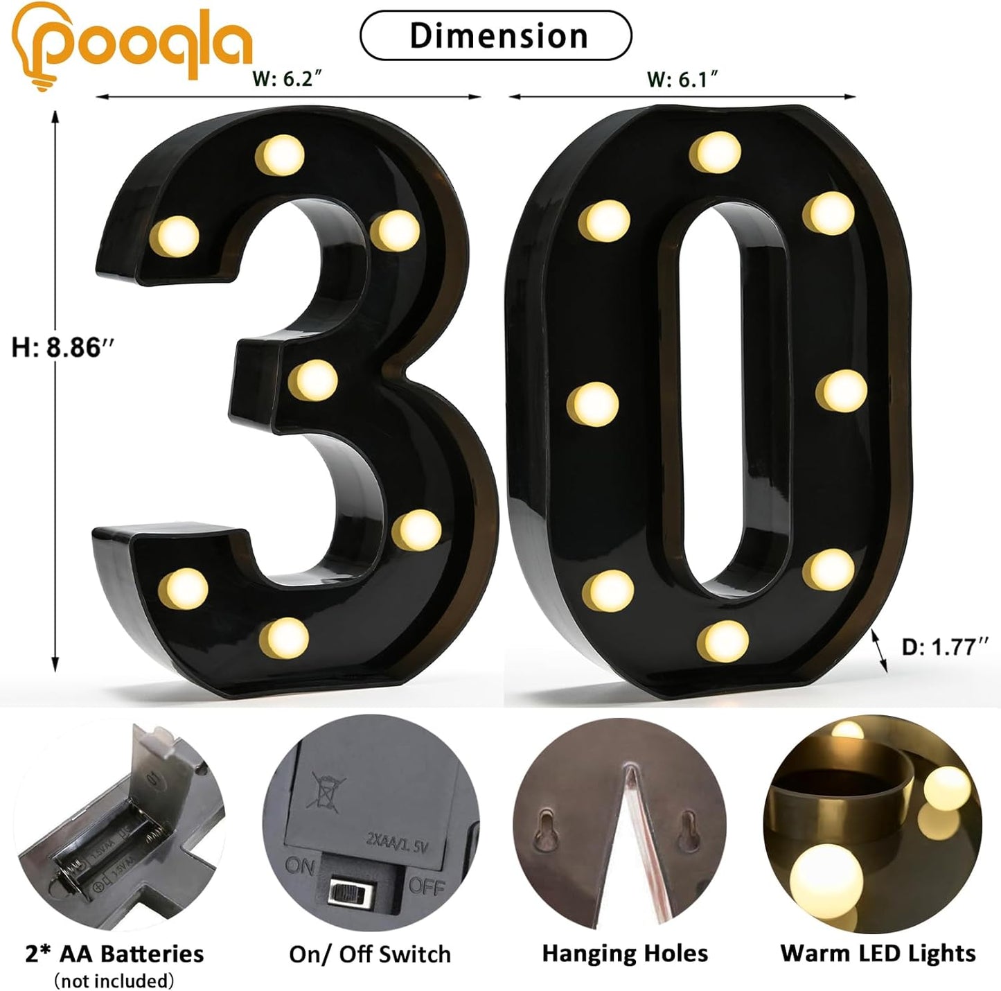 Pooqla Decorative Led Light Up Number Letters, Black Plastic Marquee Number Lights Sign for 30th Birthday Party Wedding Decor Battery Operated Black Decoration 30