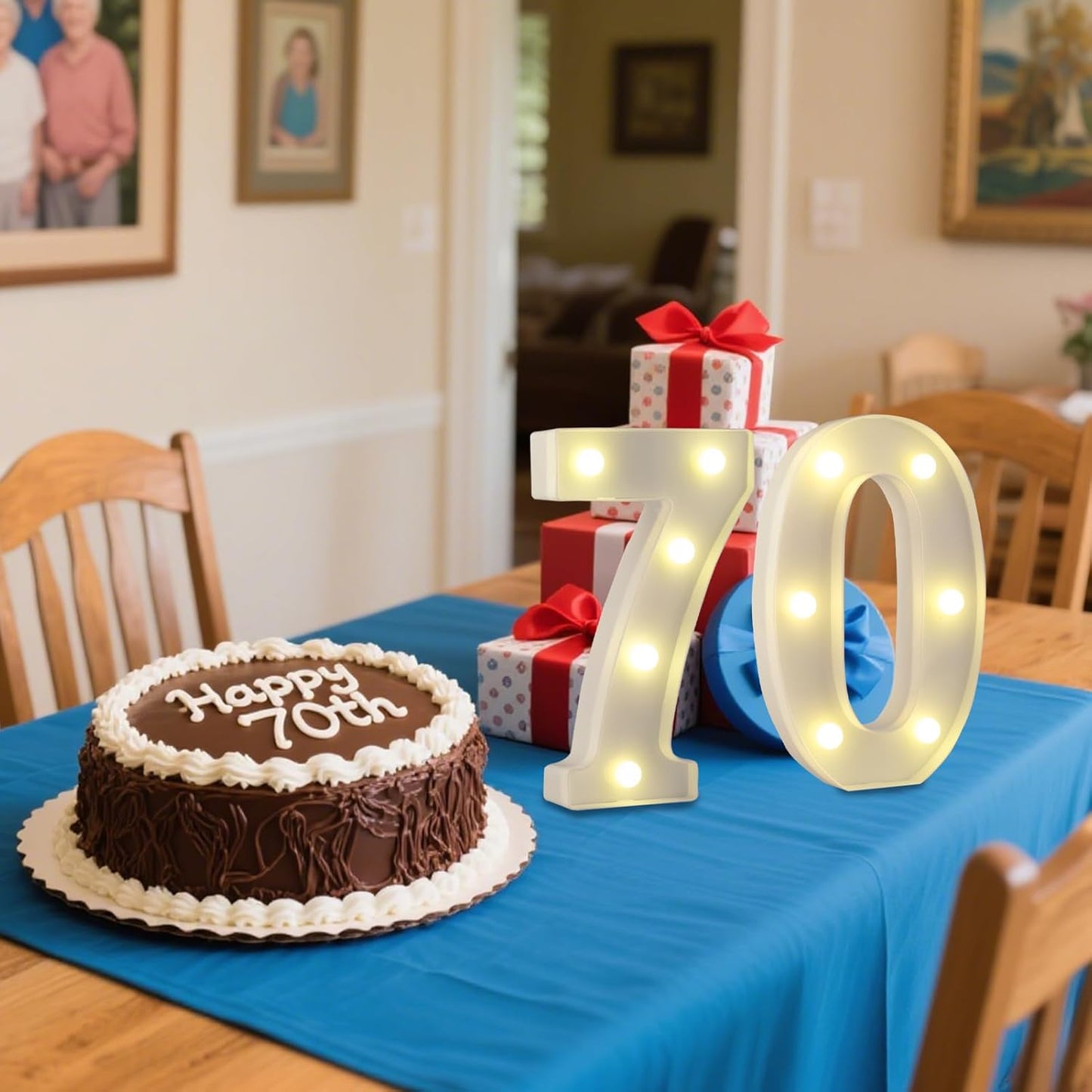 LED Marquee Letter Lights, Decorative Light Up Numbers for 70th Birthday Party, Battery Operated, Warm White Small Marquee 70 Sign for Anniversary Decorations