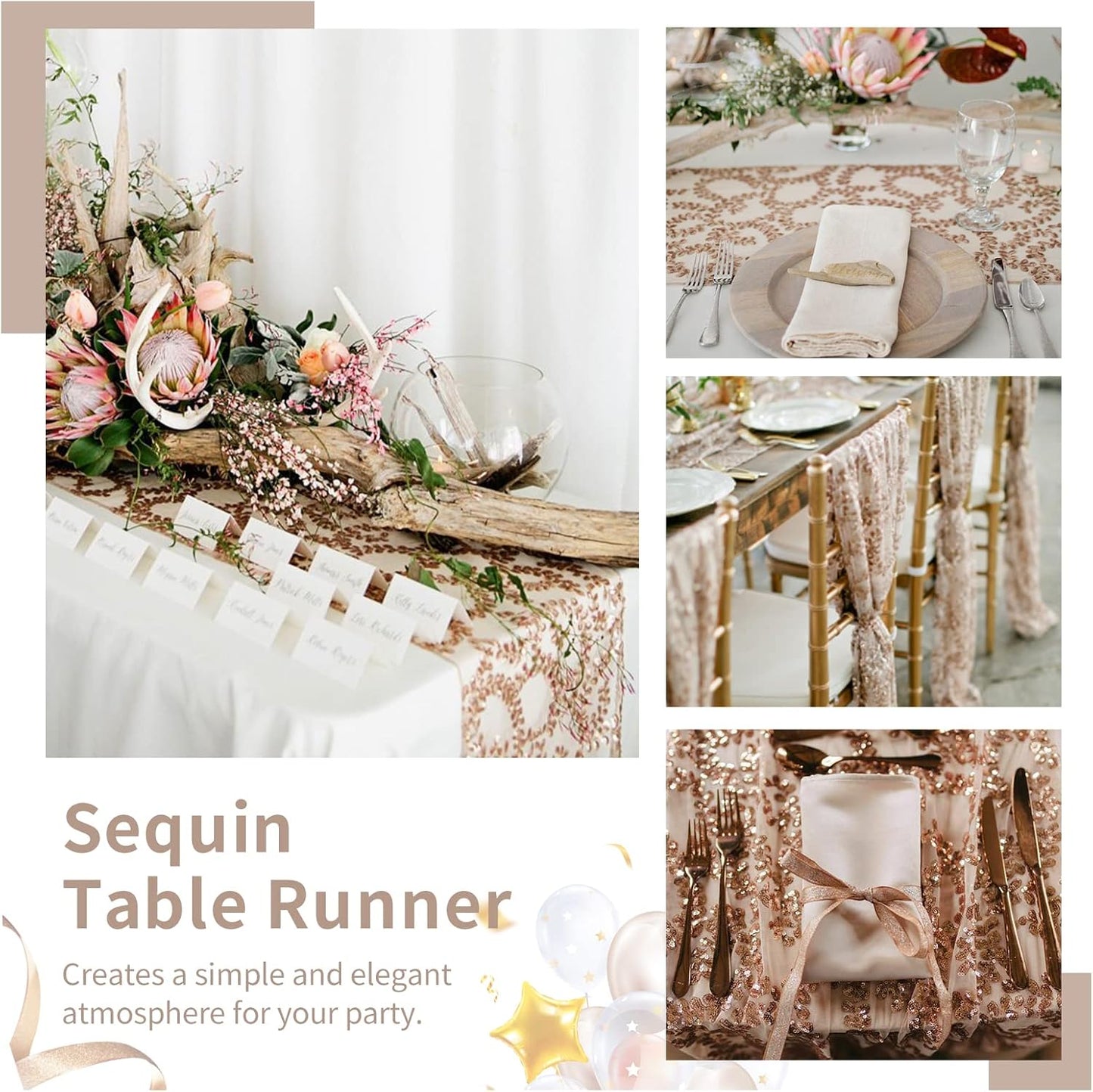 Rose Gold Flower Table Runners 10 Pieces 12x72 Inches Sequin Glitter Table Runner for Wedding Banquet Event Party Decorations