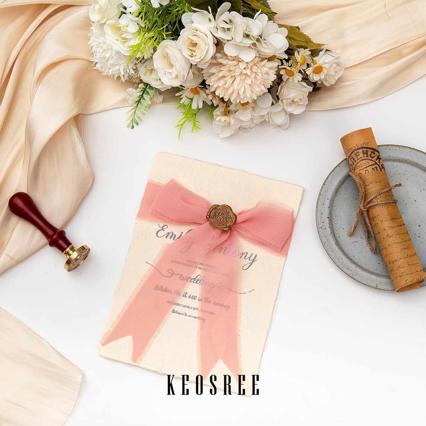 3 Rolls Blush Pink Handmade Chiffon Ribbon,1.5" x 21Yd Frayed Fringe Silk Ribbons (3 Rolls *7Yd) for Gifts Wrapping, Wedding Invitations, Bridal Bouquets, Decorations