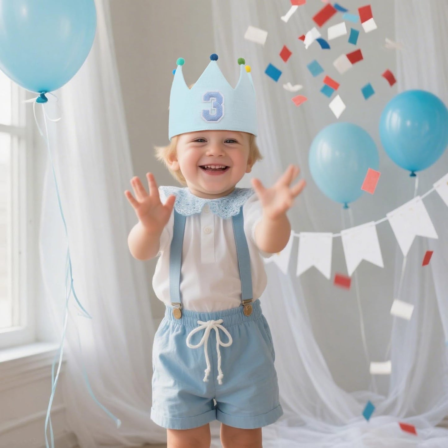 Muslin Crown Hat 1-3 Birthday For Baby Boy Girl Party Decoration Blue Pink Headband
