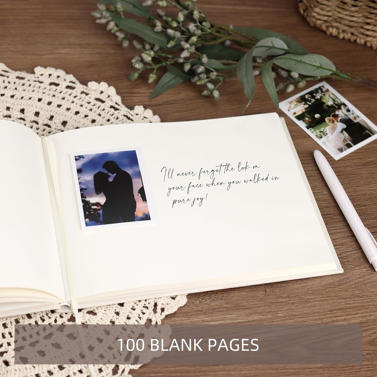 Elegant Guest Book for Wedding Reception, Beautiful Guestbook for Baby Shower and Wedding Decor, 100 Blank Pages for Sign in, Polaroid Pictures and Photos, Linen Cover (2025, Beige)