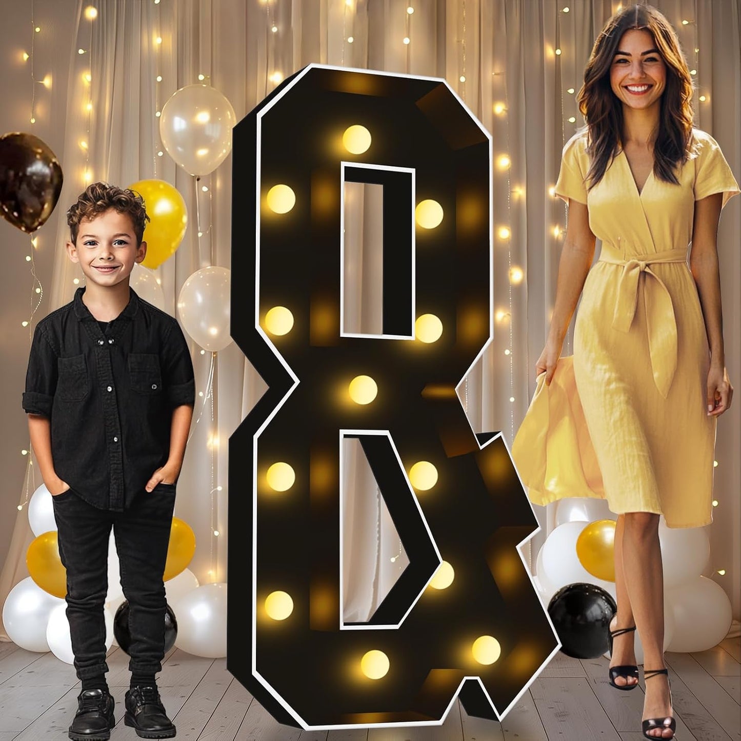 Pooqla 4 FT Marquee Light Up Letters, Black Marquee Letter Lights 4 Feet Tall for Birthday Decoration, Big Mosaic Letters Sign for Balloons Party Anniversary Wedding Decorations, Giant Warm White &