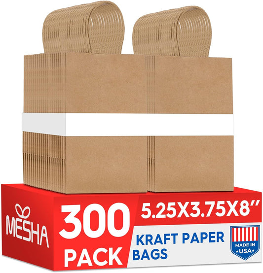 MESHA Kraft Paper Bags 5.25X3.75X8 Inch Brown Small Gift Bags with Handles Bulk,300 Pack for Small Business,Birthday Wedding Party Favor, Paper Shopping