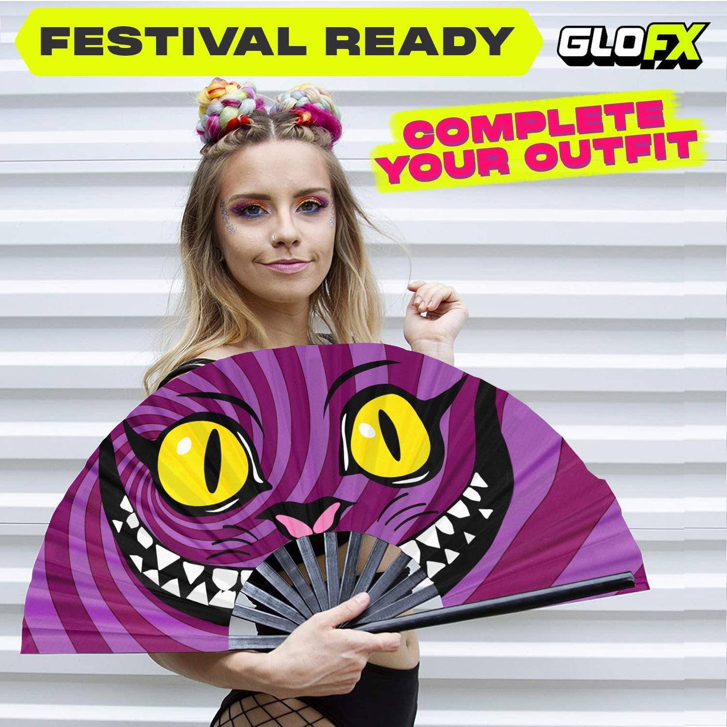 GloFX Large Hand Fan - Alice in Wonderland Cheshire Cat Fan - Bamboo Folding Fans for Rave Accessories and Festival Essentials