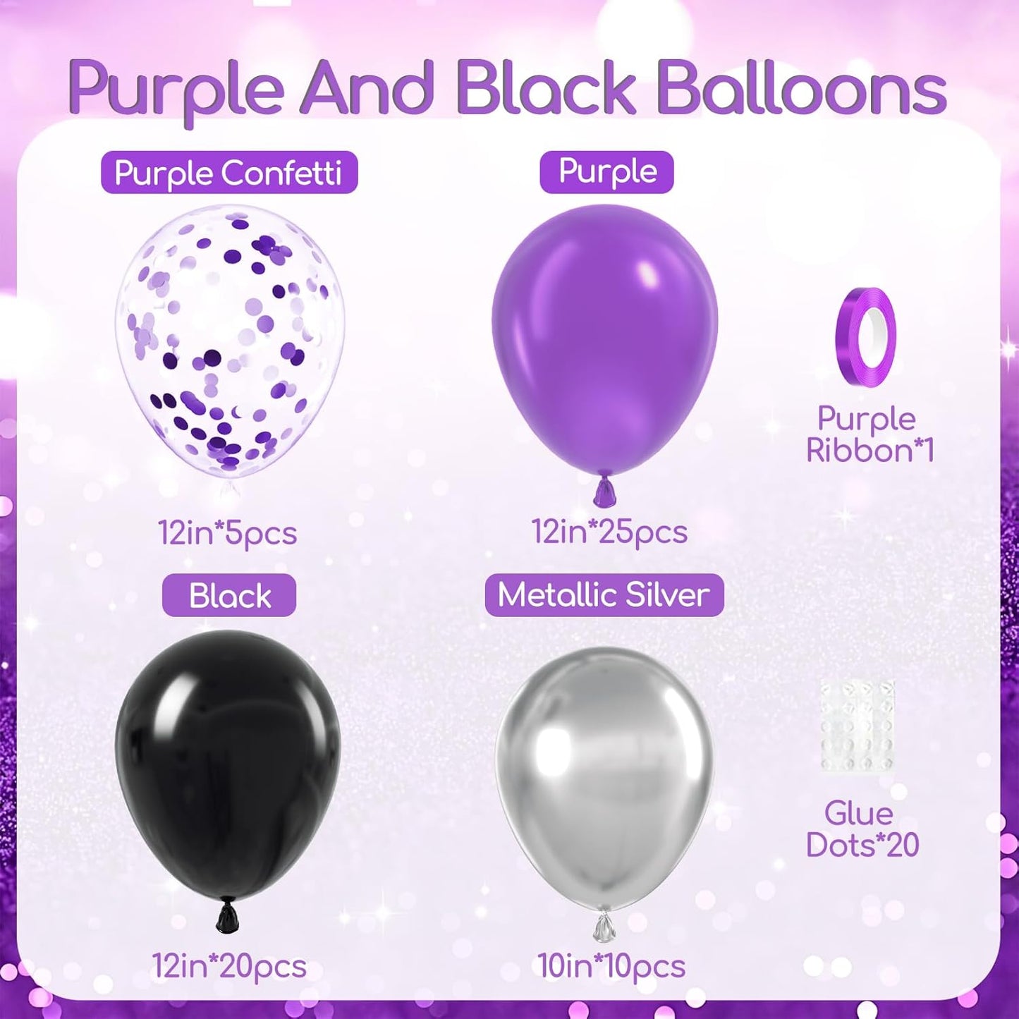 60pcs Purple and Black Balloons 12inch, Purple and Silver Balloon with Metallic Silver Confetti Balloons for Bridal Shower Graduation Birthday Party decorations
