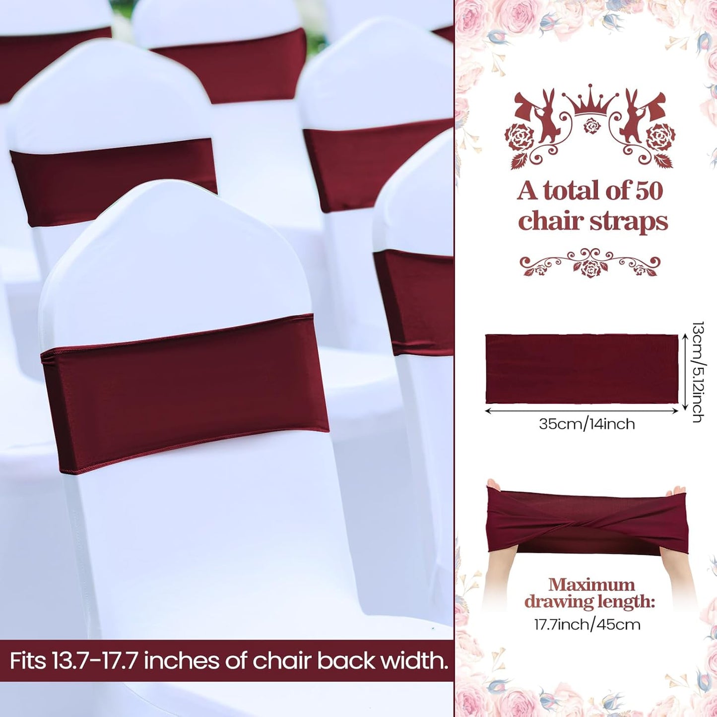 Kinlop 50 Pcs Spandex Chair Sashes Bows Chair Bands Slider Sashes for Covers Elastic Bands Ties Without Buckle Decorations for Wedding Party Events Ceremony Birthday(Burgundy)