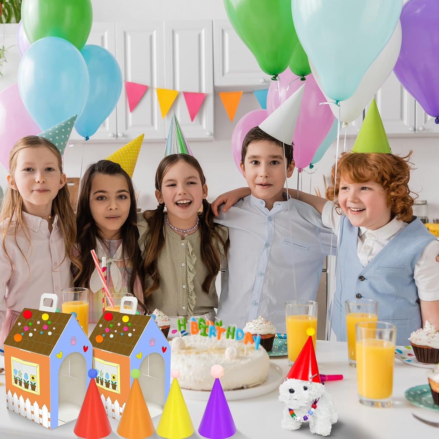 Cinrobiye 24 Sets Adopt a Puppy Party Favors DIY Dog Party Boxes Set Make Your Own Puppy Adoption Party Supplies with Dog House Treat Gift Boxes Dog Collar Necklace for Birthday Craft