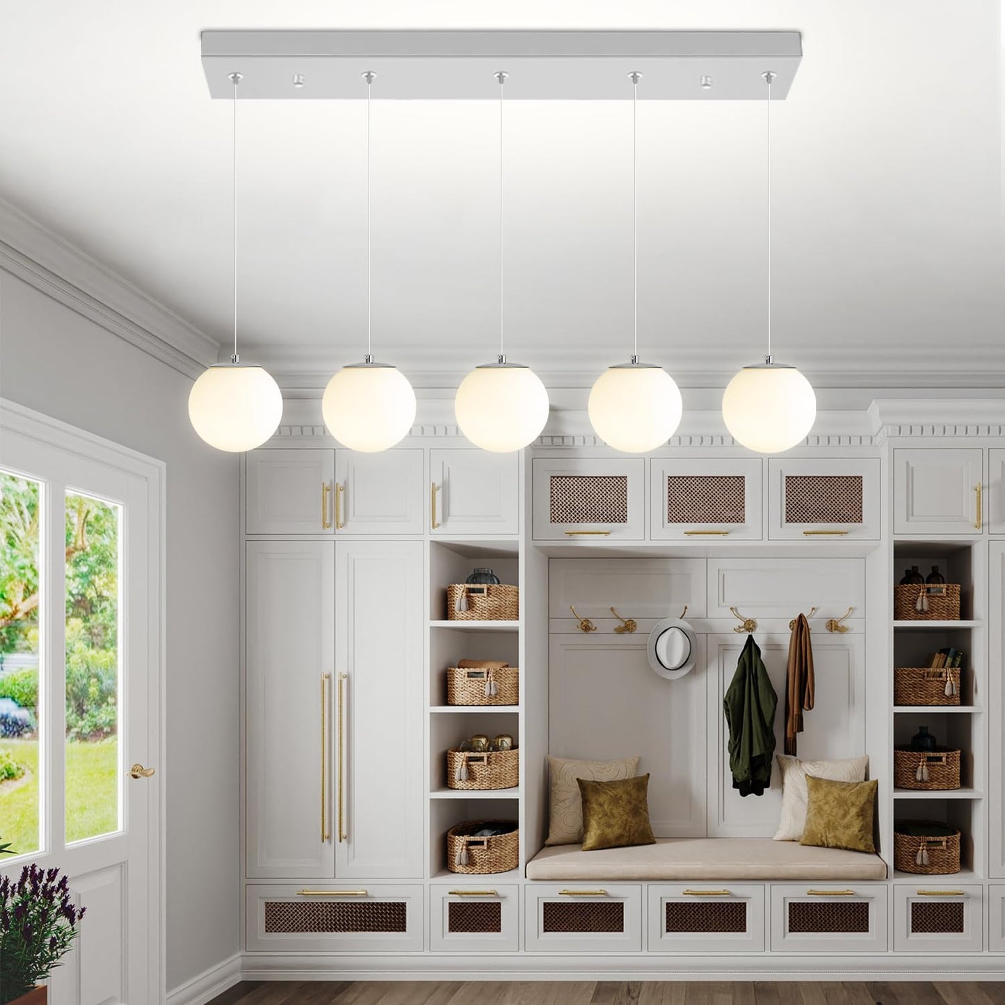 5-Lights Globe Pendant Light for Kitchen Island H 98" Silver Rectangle Chandelier Milk White Glass Pendant Lighting for Living Room Bedroom Entryway