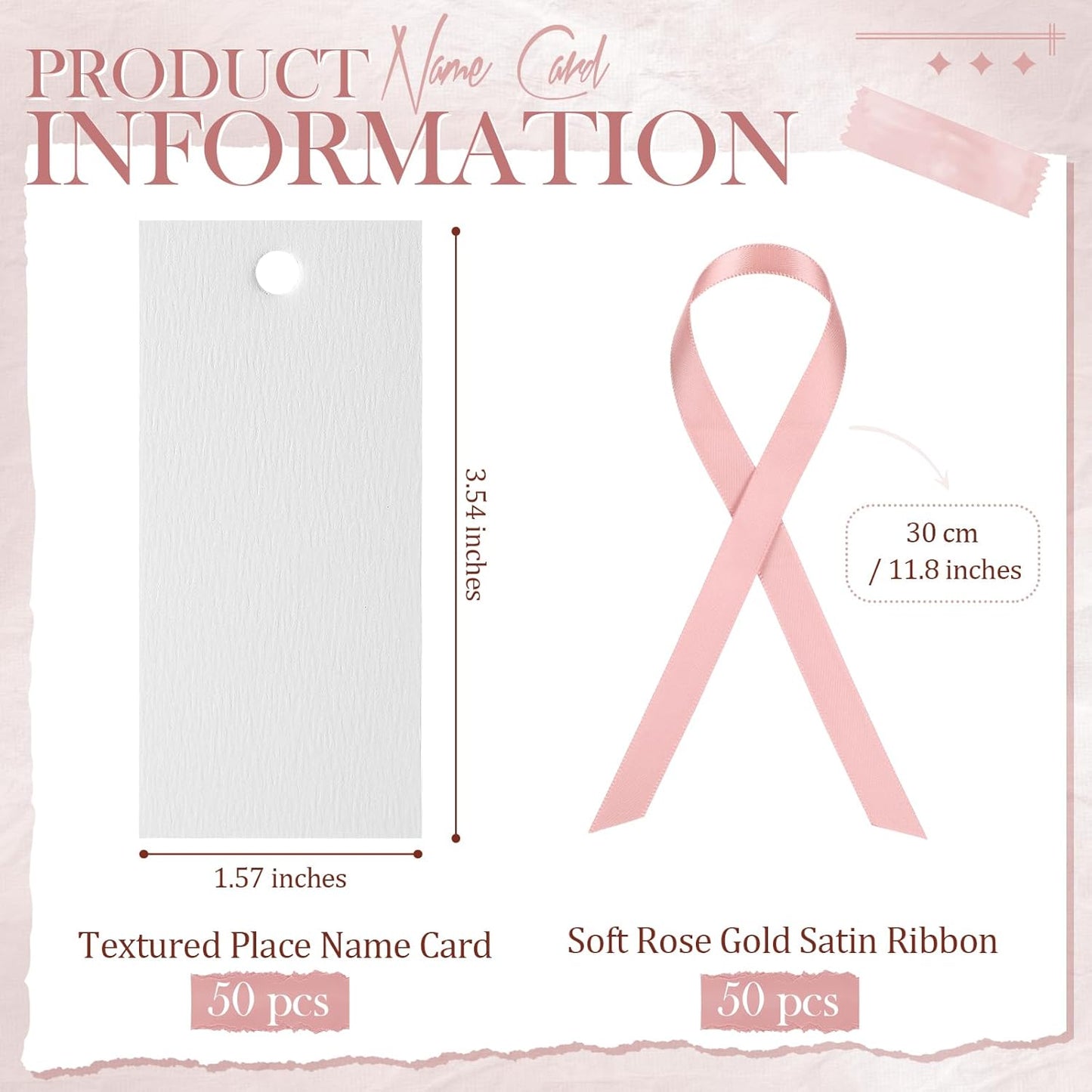 50 Pcs Name Place Cards for Table Setting Blank Wedding Place Cards with Satin Ribbon 1.57 x 3.54 Inch Hanging Gift Tags for Wedding Dinner Banquet Party Table Setting Supplies(Rose Gold)