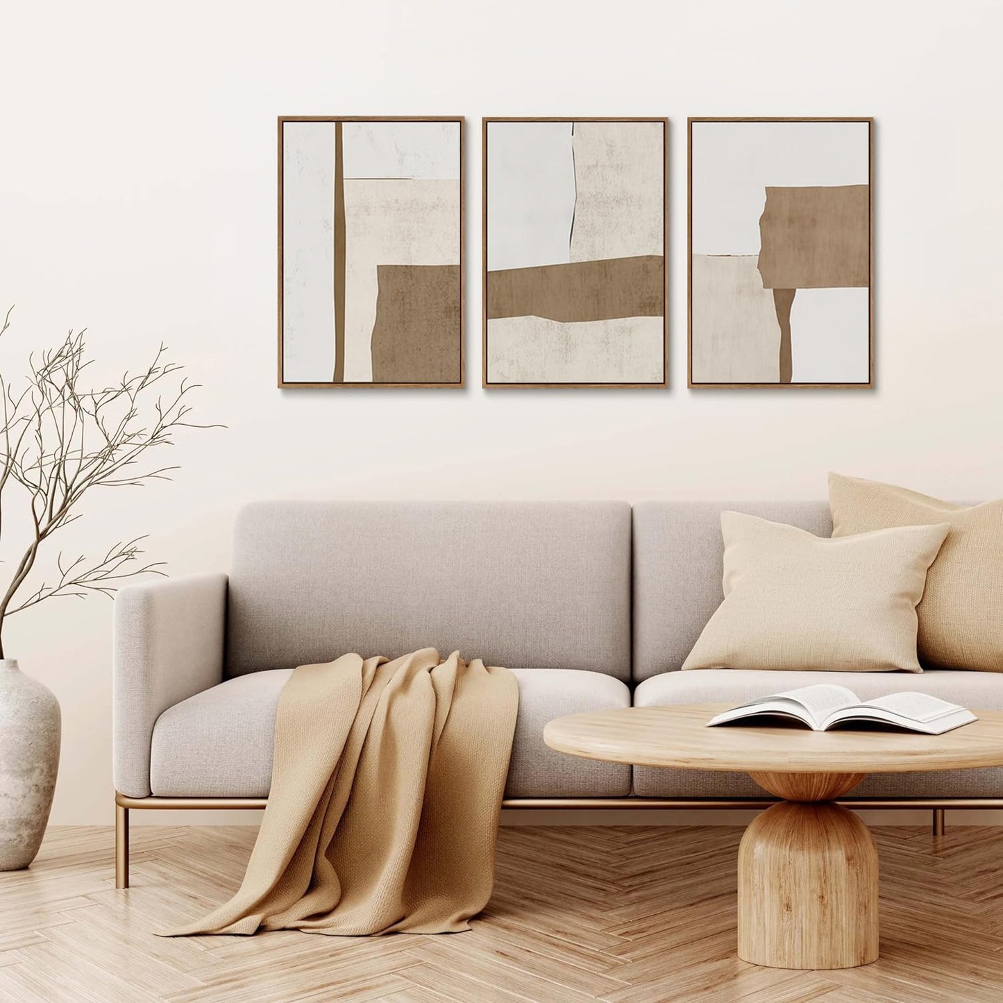 myusuar 3 Piece Large Modern Abstract Canvas Framed Wall Art For Living Room, Brown And Beige Block Minimalist Wall Art Decor Posters Prints For Bedroom Office, 16x24in