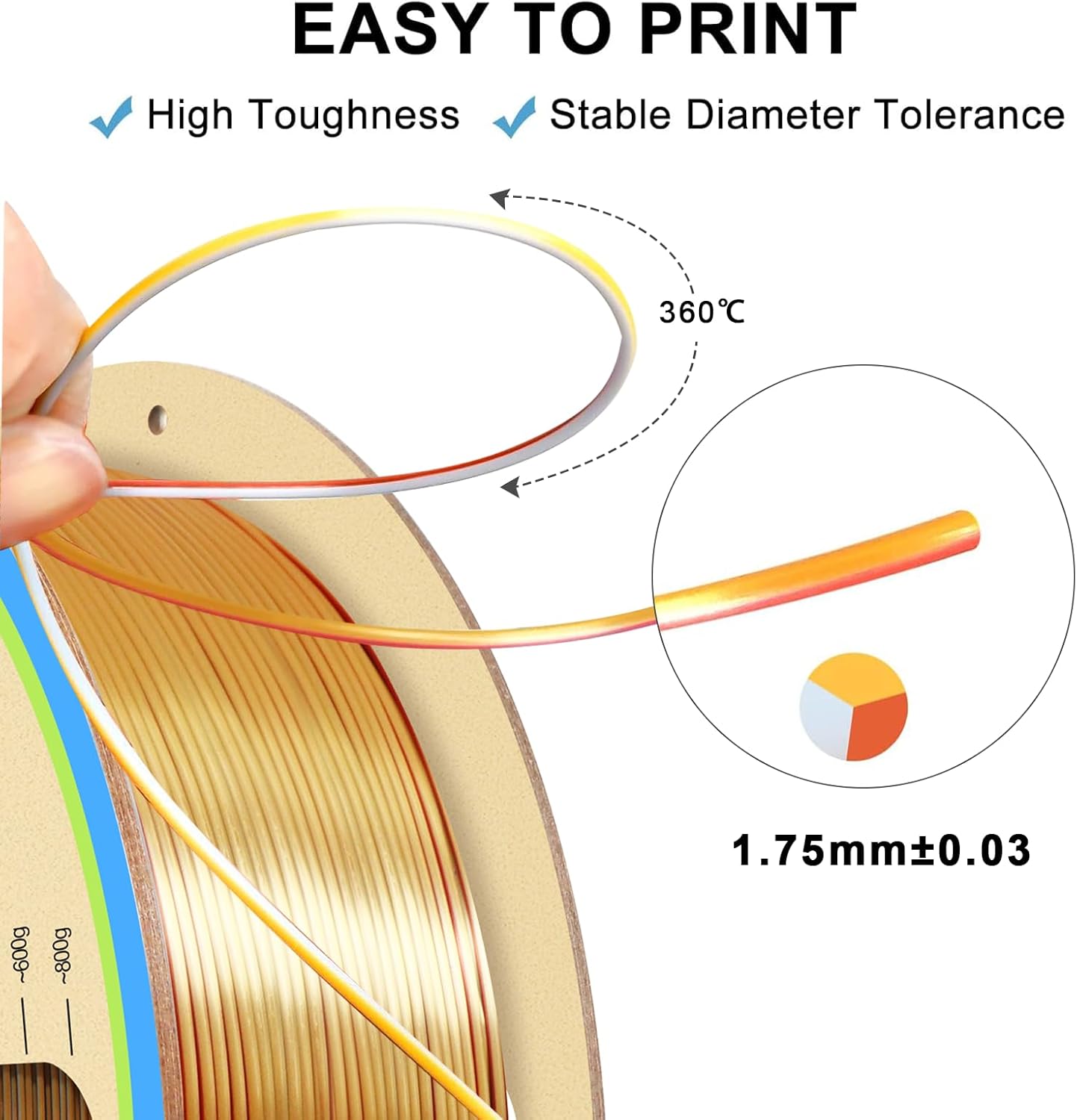 YOUSU PLA Filament1.75mm, Triple Color Coextrusion Silk 3D Printer Filament 1.75mm for 3D Printer & 3D Pen, Multicolor PLA Rainbow Filament, 1kg(2.2lbs) Silk PLA Gold Silver Copper.