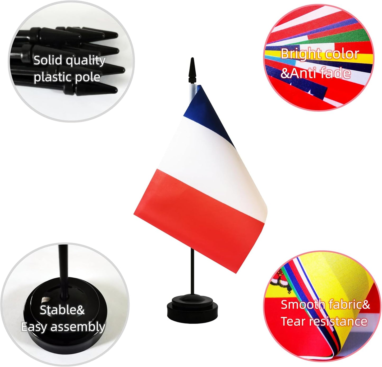 2 Pack France Desk Flag, French Table Office Flag with Solid Pole and Stand Base, International Country Flag, Festival Celebration, Classroom Meeting Desktop Decoration (France)