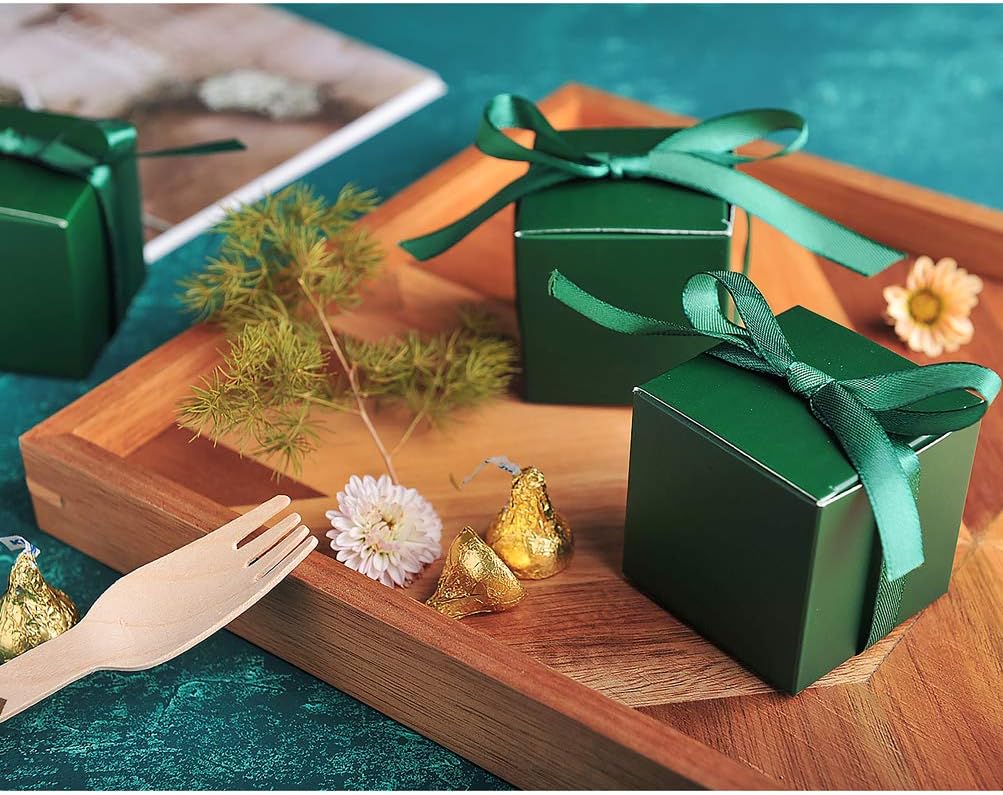 AWELL Dark Green Gift Candy Box Bulk 2x2x2 inches with Green Ribbon Party Favor Box,Pack of 50