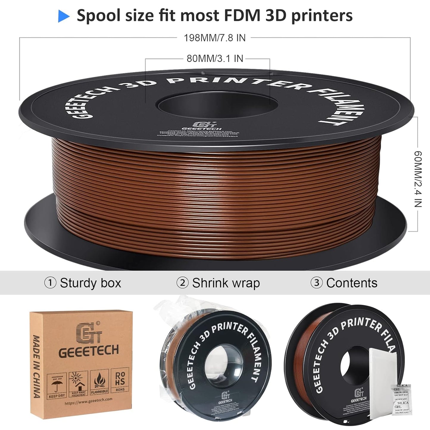 Geeetech PLA Filament 1.75mm Brown, Neatly Wound 3D Printer Filament 1kg Spool (2.2lbs), Dimensional Accuracy +/- 0.02 mm, 3D Printing Filament Fit Most FDM Printer, New Brown