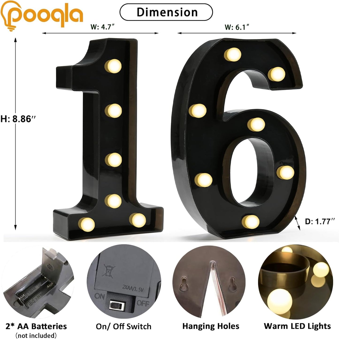 Pooqla Decorative Led Light Up Number Letters, Black Plastic Marquee Number Lights Sign for 16th Birthday Party Wedding Decor Battery Operated Black Decoration 16