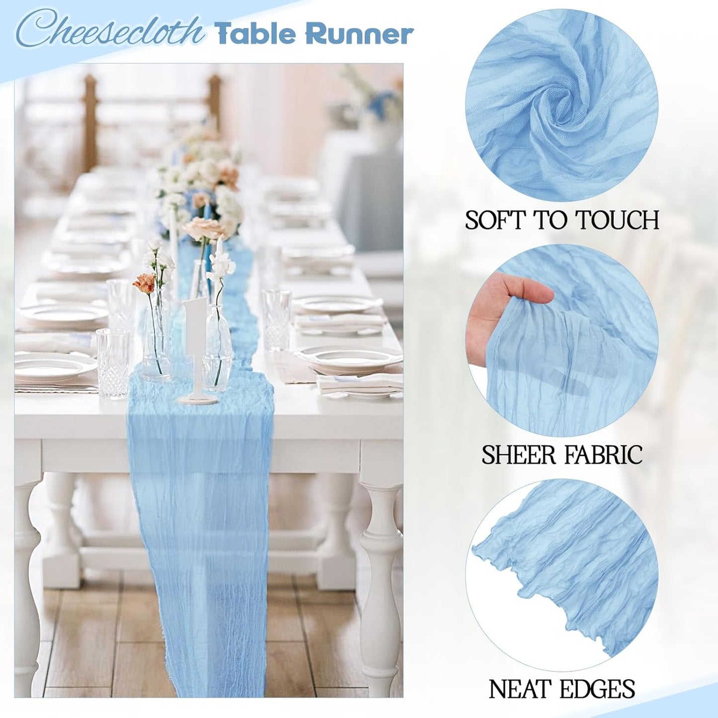 Aktor 12 Pack Light Blue Table Runner Boho Cheesecloth Table Runner Semi Sheer Gauze Fabric Runners for Wedding Birthday Baby Shower Party Boho Table Decoration（Light Blue）