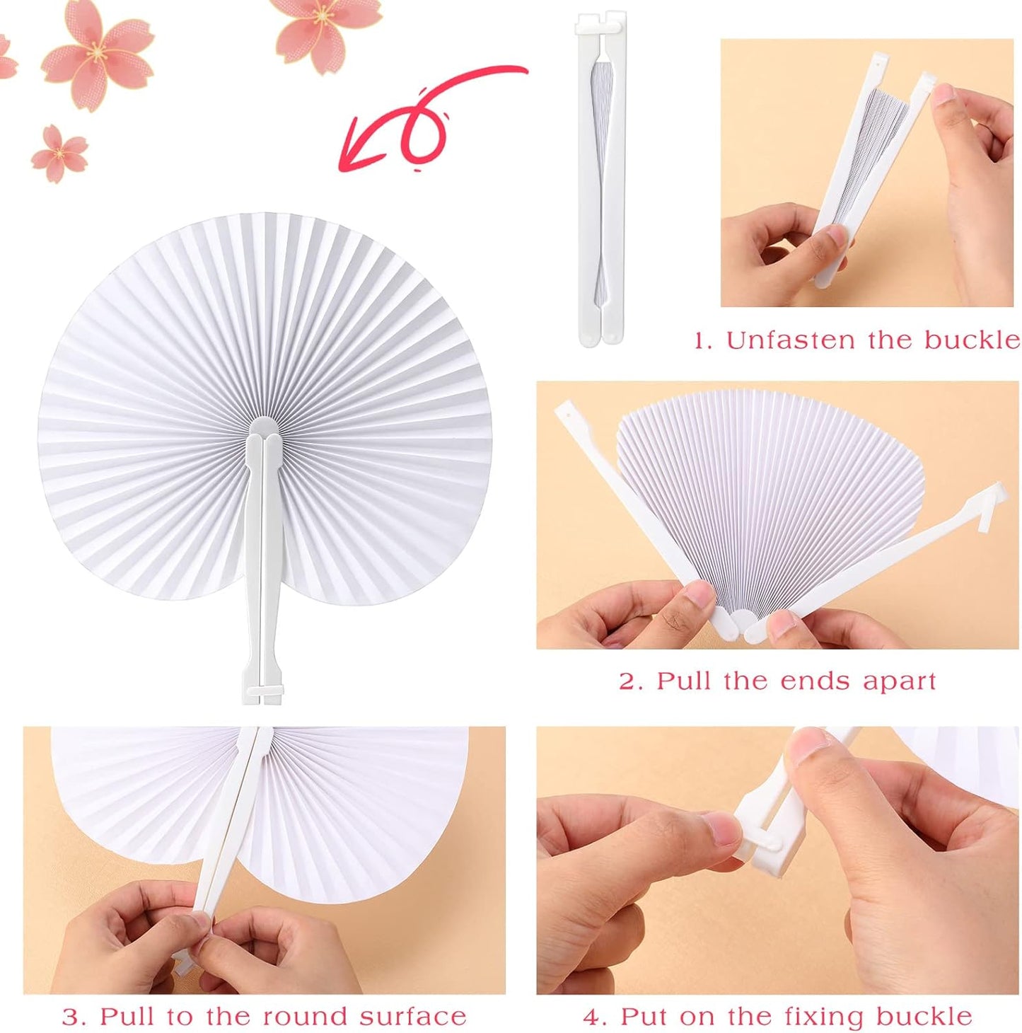 Handepo 200 Pieces Wedding Fans Folding Paper Fans Paper Fans Round Shaped Folding Fans Handheld Fan with Plastic Handle for Wedding Celebration Birthday Party Favor (White)