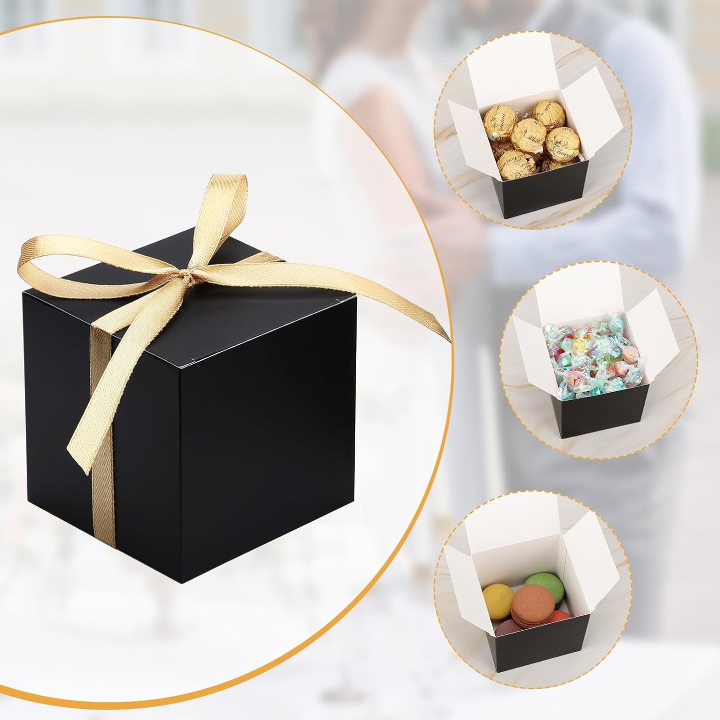 EUSOAR Favor Boxes, 60pcs 3x3x3 Inches Black Candy Gift Box Individual Cookie Box with Gold Ribbon, Mini Bakery Cookies Box Paper Chocolate Containers for Wedding Birthday Party DIY Favors Supplies