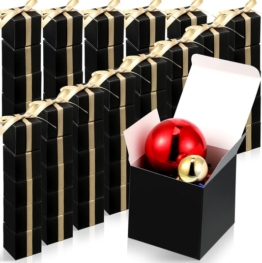 Jutom 100 Pcs Mini Favor Boxes Extra Small Candy Boxes Paper with Gold Ribbon for Christmas Thanksgiving Day Birthday Wedding Anniversary Supplies(3 x 3 x 3 Inch,Black)