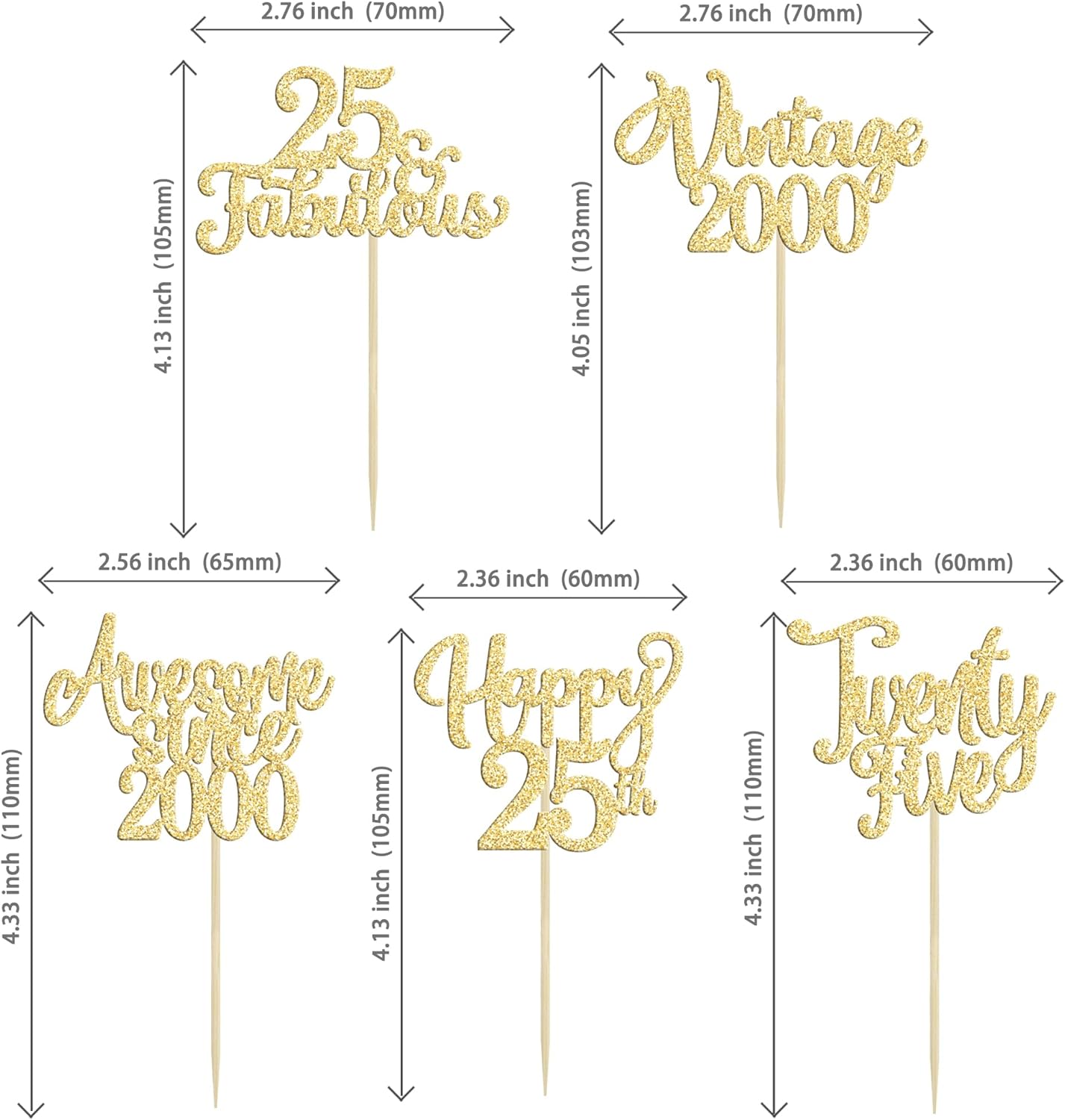 30Pcs Vintage 2000 Cupcake Toppers Glitter Twenty-Five Happy 25th Birthday 25 Fabulous Cupcake Picks Awesome Since 2000 Cake Decorations for 25th Birthday Anniversary Retirement Party Supplies Gold