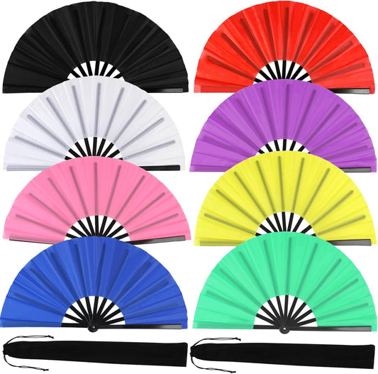 8 Pack Large Folding Hand Fans for Women/Men, Kungfu Taichi Rave Folding Fan with Bag, Large Popping Clacking Fans for Line Dancing, Concert, Party, Festival, Home Decorations(8 Colors)