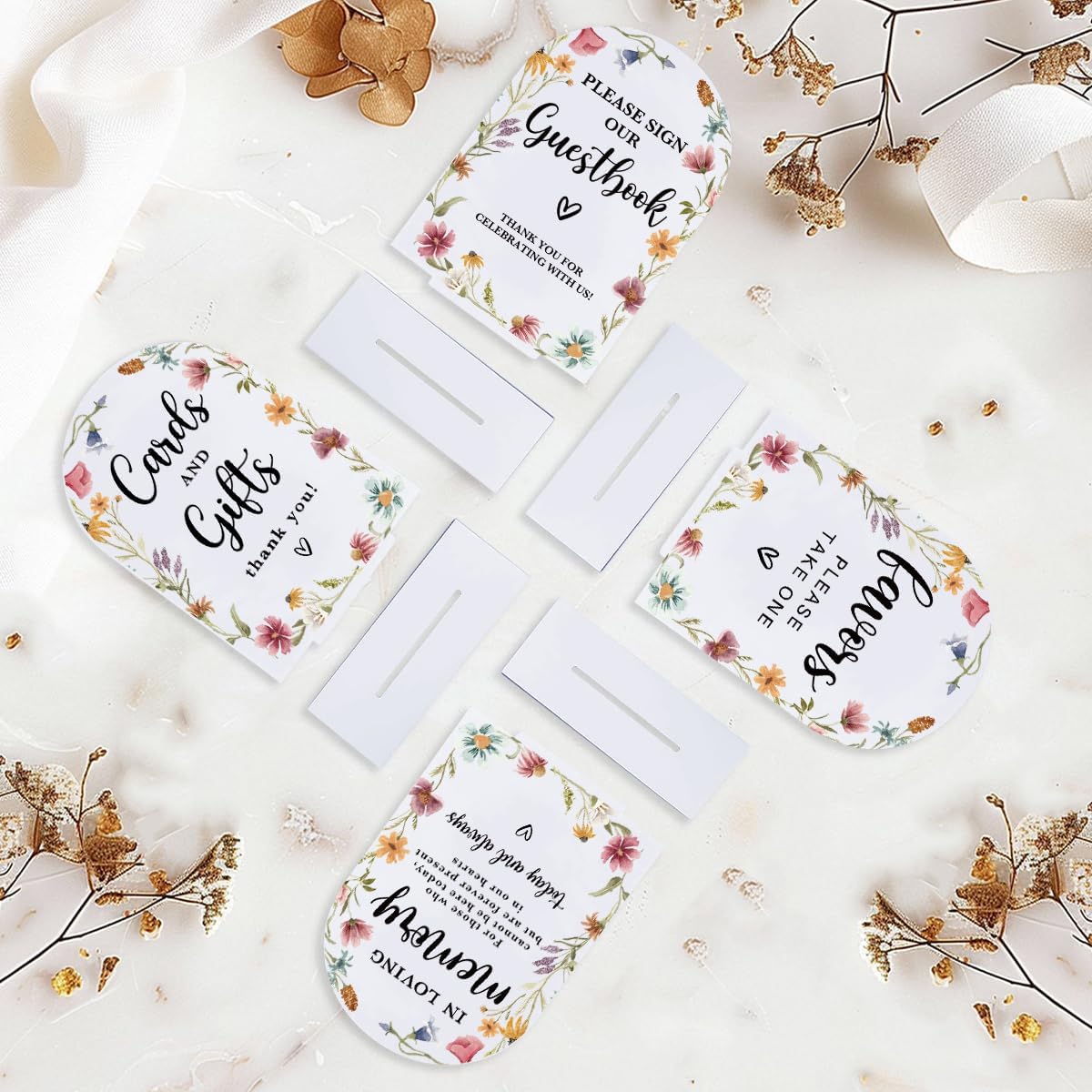 4 Pcs Acrylic Wedding Signs for Reception, Bridal Shower Decorations, Cards and Gifts Signs, Guest Book Sign, Arch Acrylic Table Top Sign with Holder for Wedding Reception (White Wildflowers)