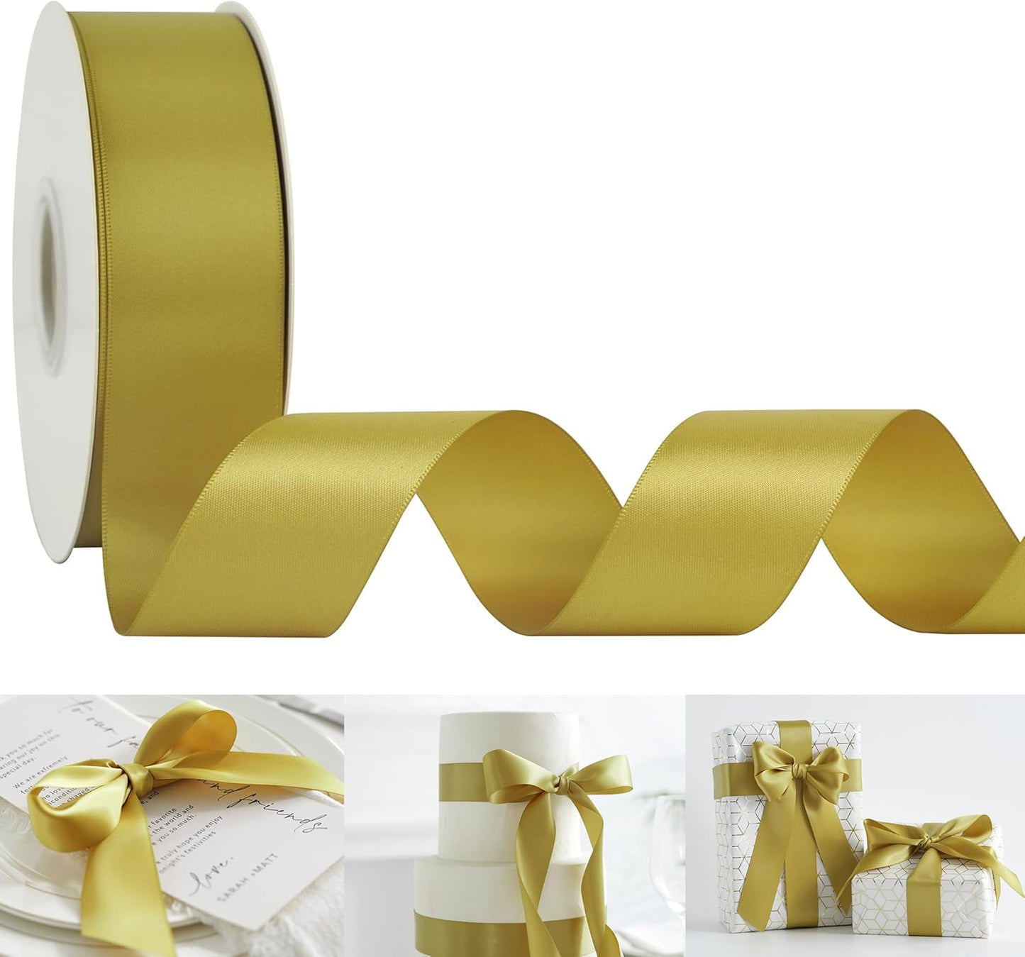HUIHUANG Gold Satin Ribbon 1-1/2 inch x 50 Yards Dijon Gold Double-Faced Satin Ribbon for Gift Wrapping, Bows, Flower Bouquet, Crafts, Bridal Shower Wedding Decor, Christmas Tree