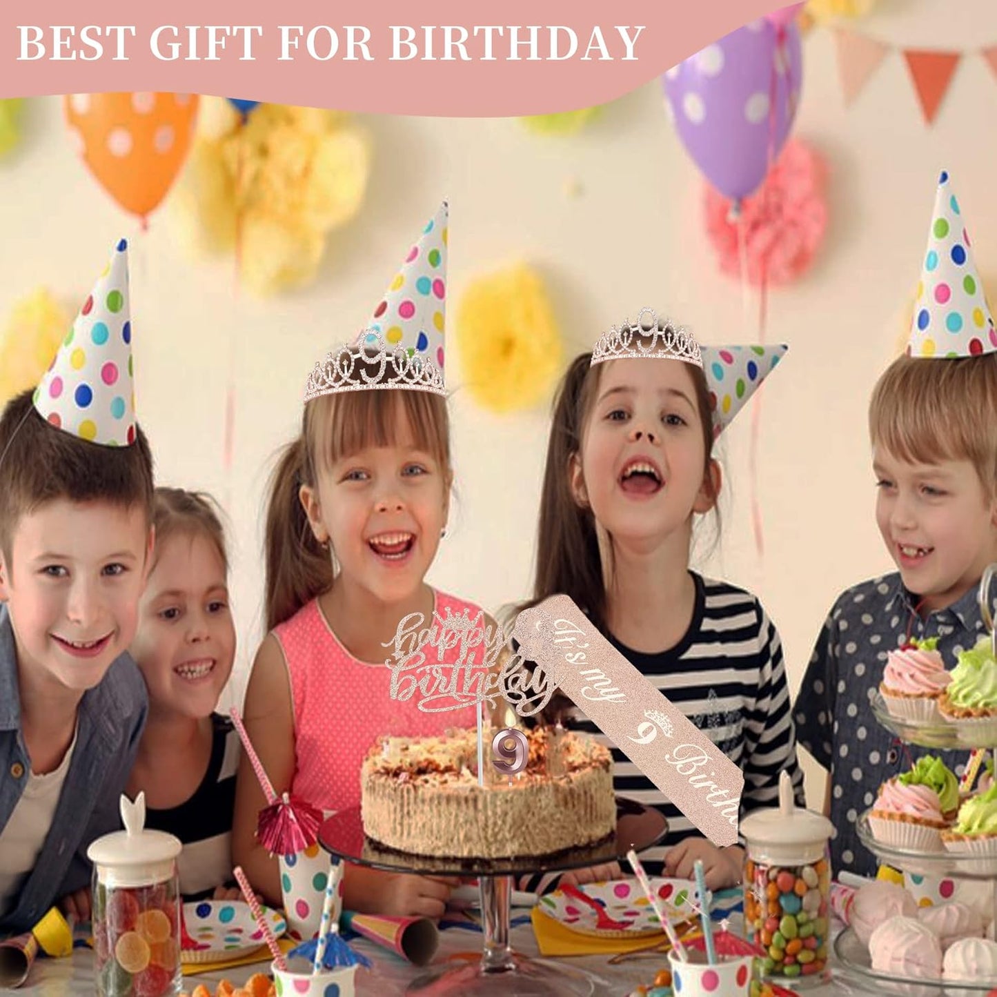 9th Birthday Decorations for Girl Including Sash, Crown, Numeral Candle and Cake Topper, 9 Year Old Girls Party Favor Supplies