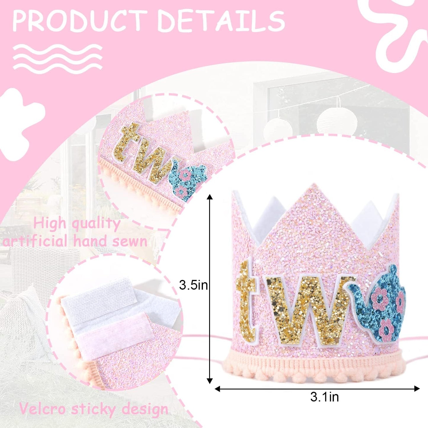 WAUAO Alice in Wonderland Tea Party Decorations - Birthday Crown/Hat, Girl's 2nd Birthday Pink Outfit