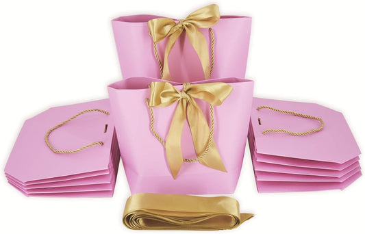 HUAPRINT Gift Bags with Handles,7.48×3.54×7.9 inches,Party Favor Bags with Bow Ribbon,12Pcs Pink Paper Bags for Birthday Wedding Bridesmaid Holiday Valentine's Day