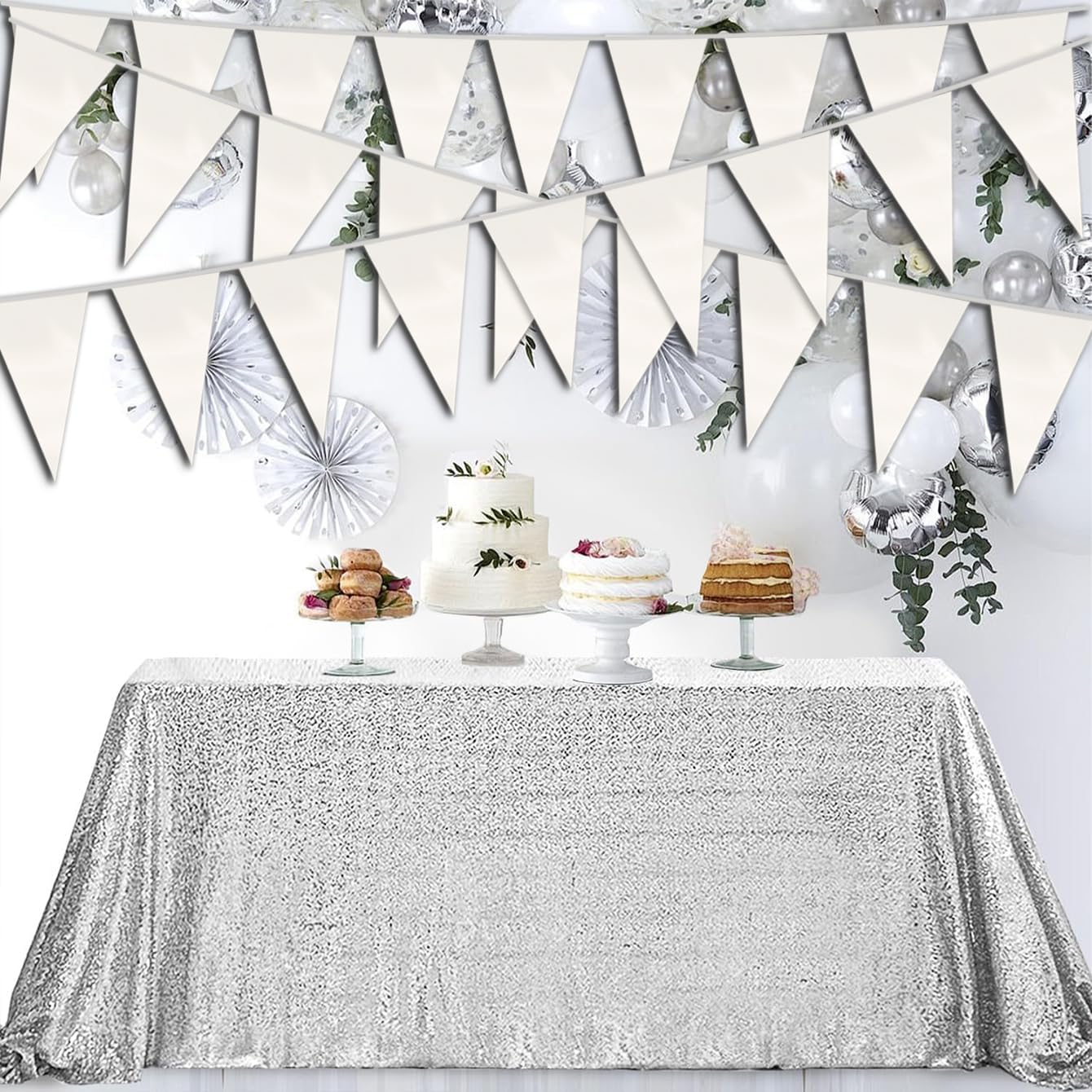 40M/130FT White Triangle Pennant Banner Flag Metallic Fabric Bunting Garland for Christmas Graduation Wedding Engagement Anniversary Bachelorette Birthday Bridal Shower Valentines Hen Party Supplies