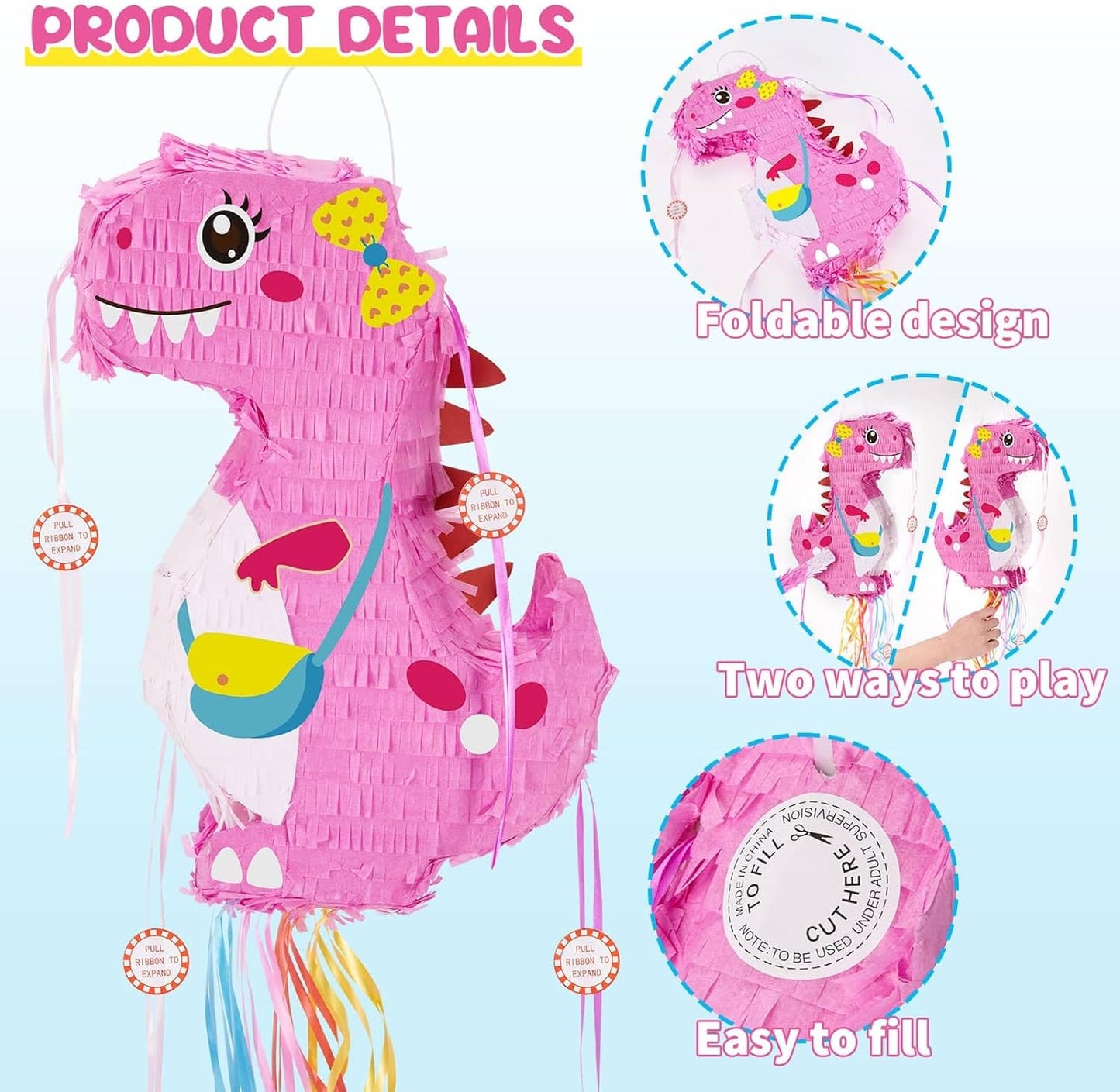 WERNNSAI Foldable Dinosaur Piñata - Pull String Dinosaur Birthday Party Supplies Extendable Piñata with Blindfold Bat and Tassels Dinosaur Birthday Decoration Pink Dinosaur Piñatas for Classroom Game