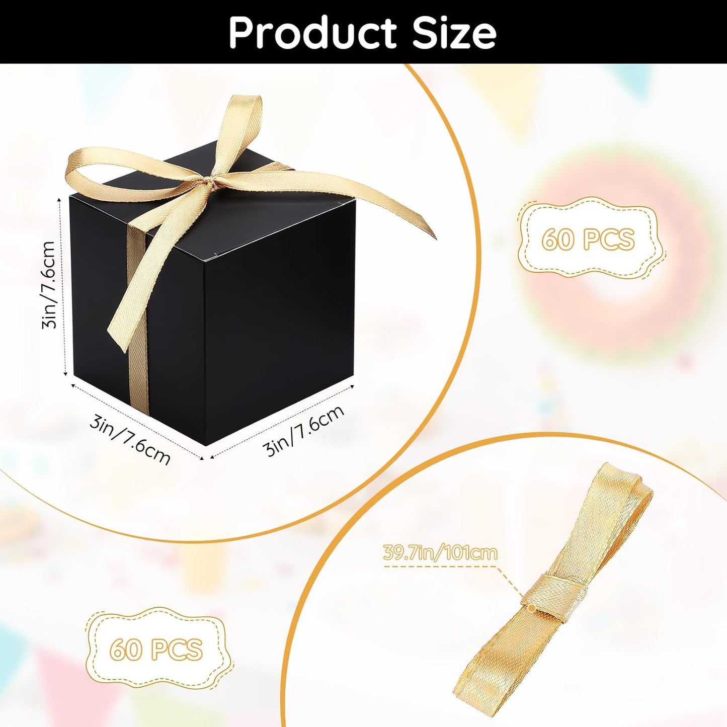 EUSOAR Favor Boxes, 60pcs 3x3x3 Inches Black Candy Gift Box Individual Cookie Box with Gold Ribbon, Mini Bakery Cookies Box Paper Chocolate Containers for Wedding Birthday Party DIY Favors Supplies