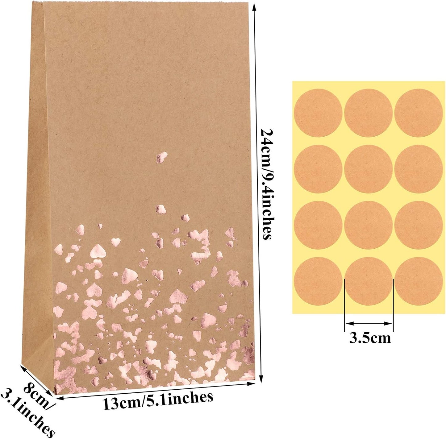 Cooraby 30 Pieces Kraft Paper Bronzing Rose Gold Bags with 48 Stickers Candy Gift Paper Bags for Wedding, Birthday, Tea Party, Gift, and Party Celebrations