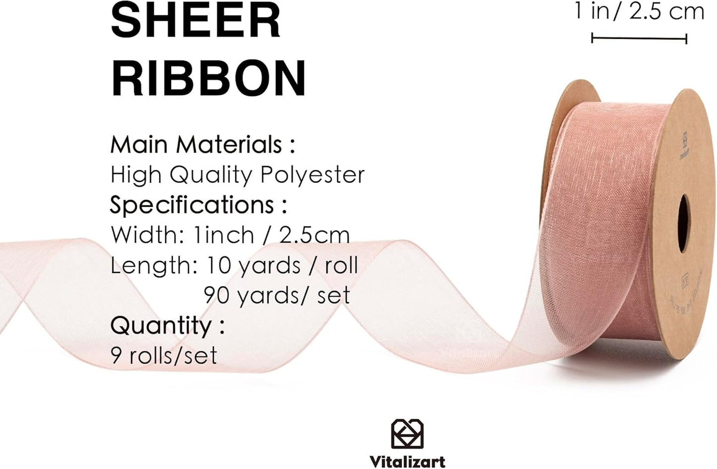 Vitalizart Organza Ribbon 1" x 90Yd Mixed Color Sheer Ribbons Set 10 Yd x 9 Rolls Handmade for Gift Wrapping Christmas Tree Crafts Bows Wedding Invitations Wreaths Wrap