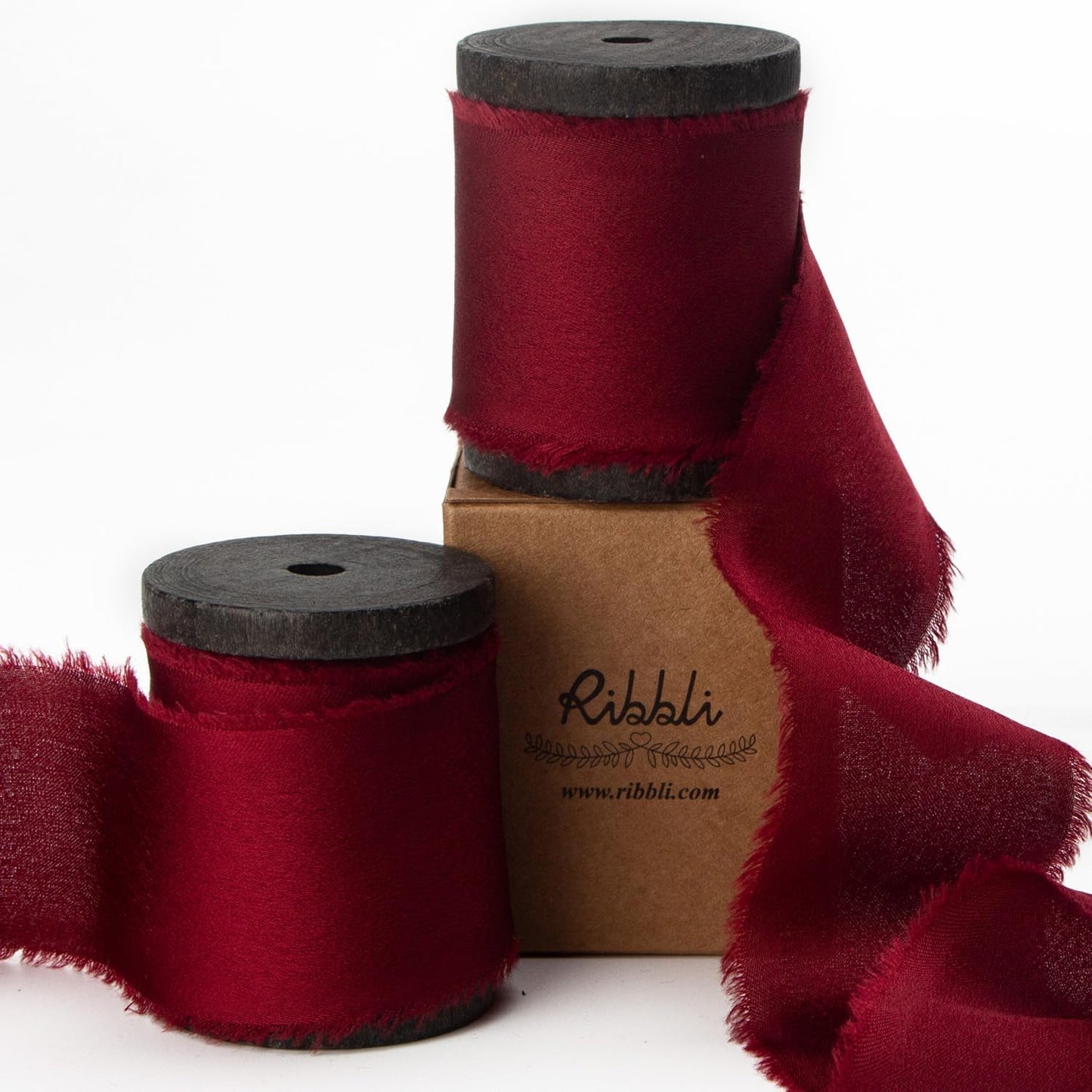 Ribbli Burgundy Silk Satin Ribbon 1.5 Inch x 12 Yard Handmade Frayed Chiffon with Wooden Spool Burgundy Red for Gift Wrapping Wedding Invitations Bridal Bouquets Home Decor