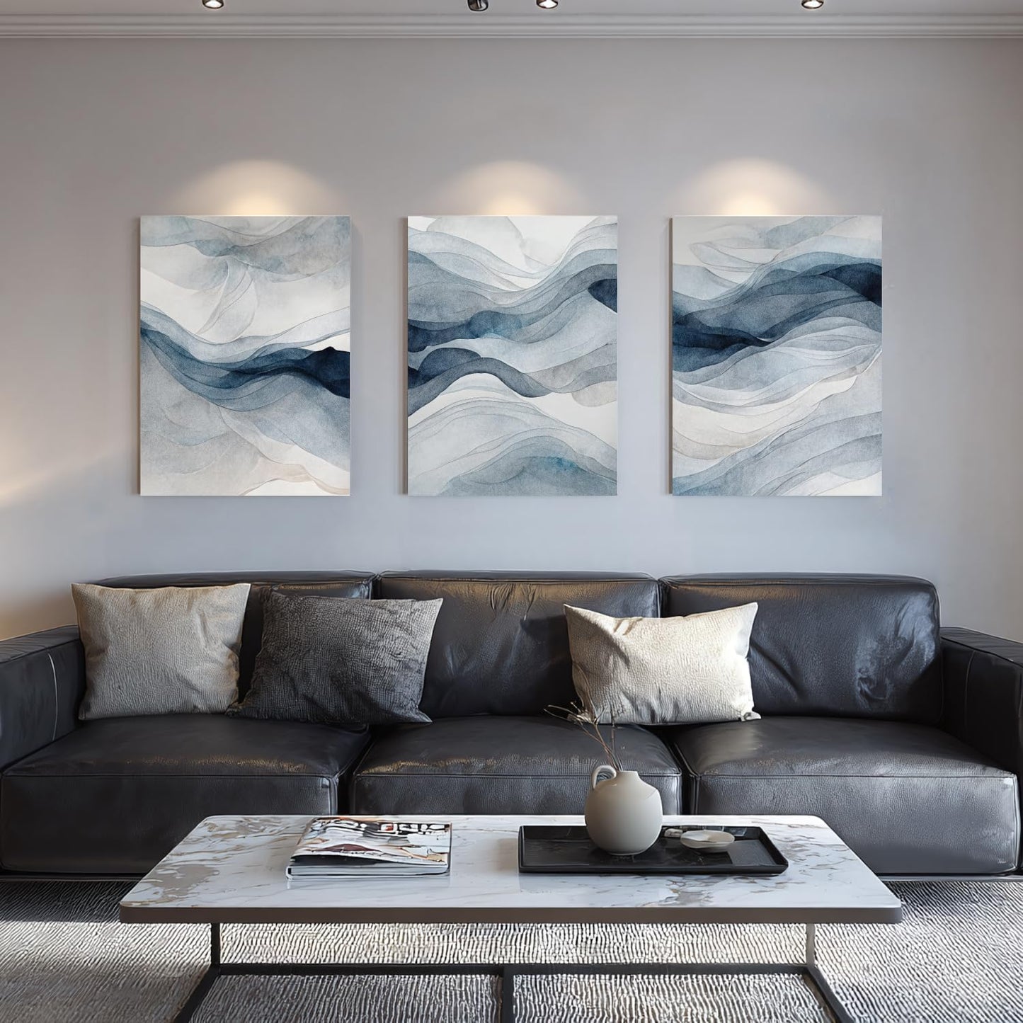 IAFWZX Framed Blue Gray Abstract Wall Art, Modern Minimalist Waves Wall Decor, Neutral Watercolor Line Canvas Paintings, Navy Blue Watercolor Poster Prints for Bedroom Living Room Office 16"x24"x3