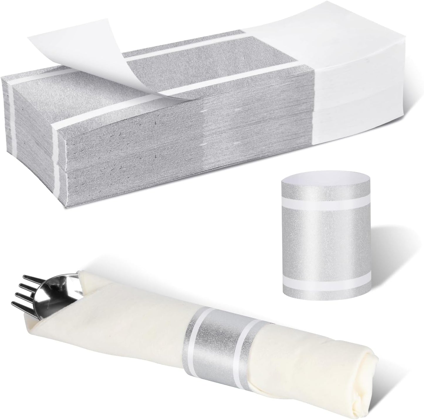 Germiwipe Standard Paper Napkin Band, 200PCS Matte Silver Napkin Ring Self-Adhesive, Silverware Wraps Bands,Table Setup Wedding Event Party Supply (Matte Silver /200pcs)
