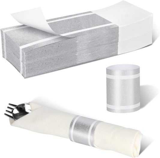 Germiwipe Standard Paper Napkin Band, 200PCS Matte Silver Napkin Ring Self-Adhesive, Silverware Wraps Bands,Table Setup Wedding Event Party Supply (Matte Silver /200pcs)