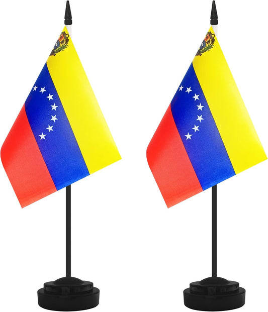 2 Pack Venezuela Desk Flag Set, Venezuelan Desktop Small Miniature Table Office Flag with 12" Black Pole and Black Base, Offices, Classroom, Home, Festival Decoration (Venezuela)