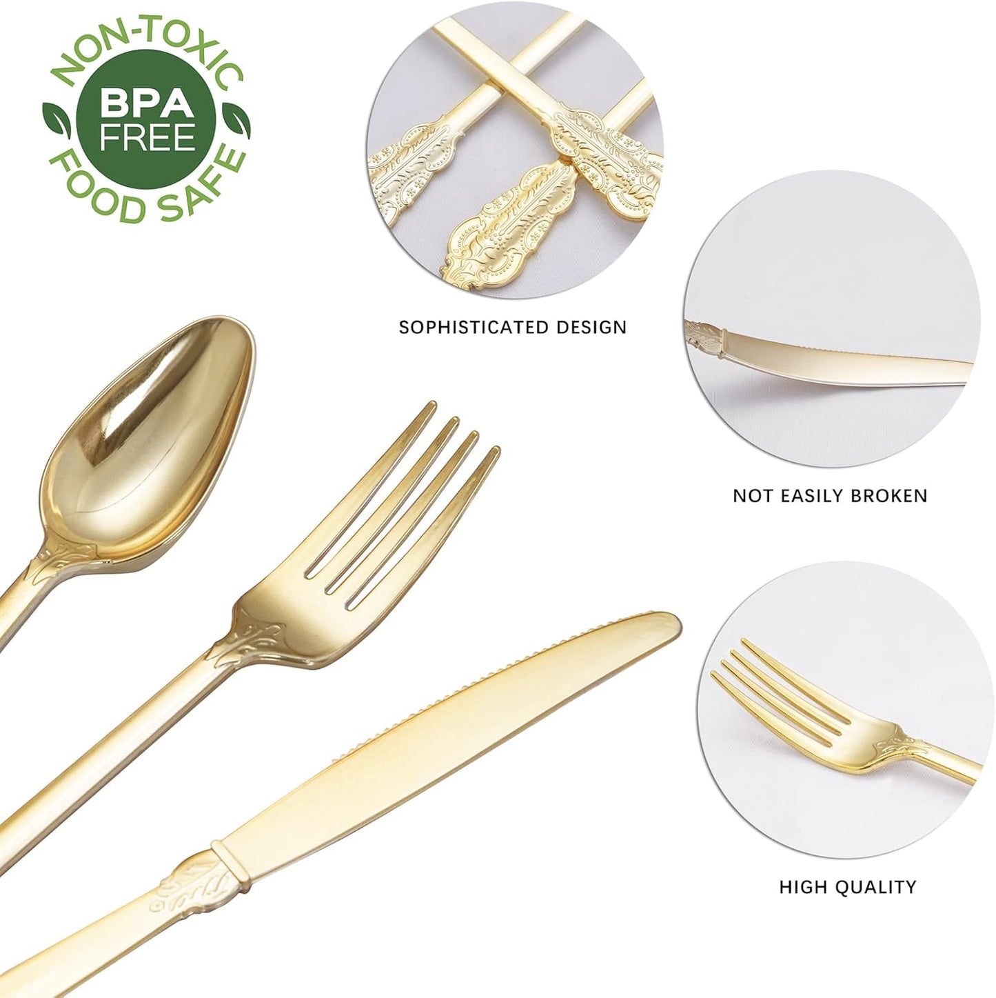 NOCCUR 180PCS Gold Plastic Cutlery Set - Gold Plastic Silverware Disposable - Include 60 Forks, 60 Spoons, 60 Knives - Perfect for Wedding/Fall Party/Thanksgiving