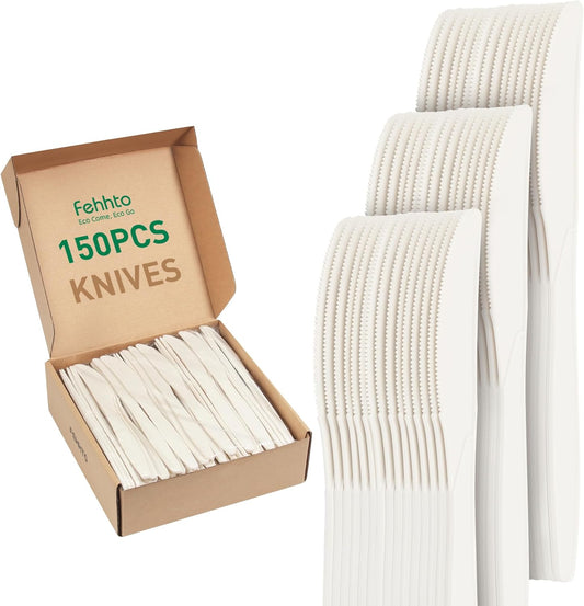 100% Compostable Knives, 7.7" 150pcs Large Disposable Cornstarch Cutlery Heavy Duty Eco-Friendly Utensils Durable and BPI-Certified Party Supplies No Plastic, Ivory White